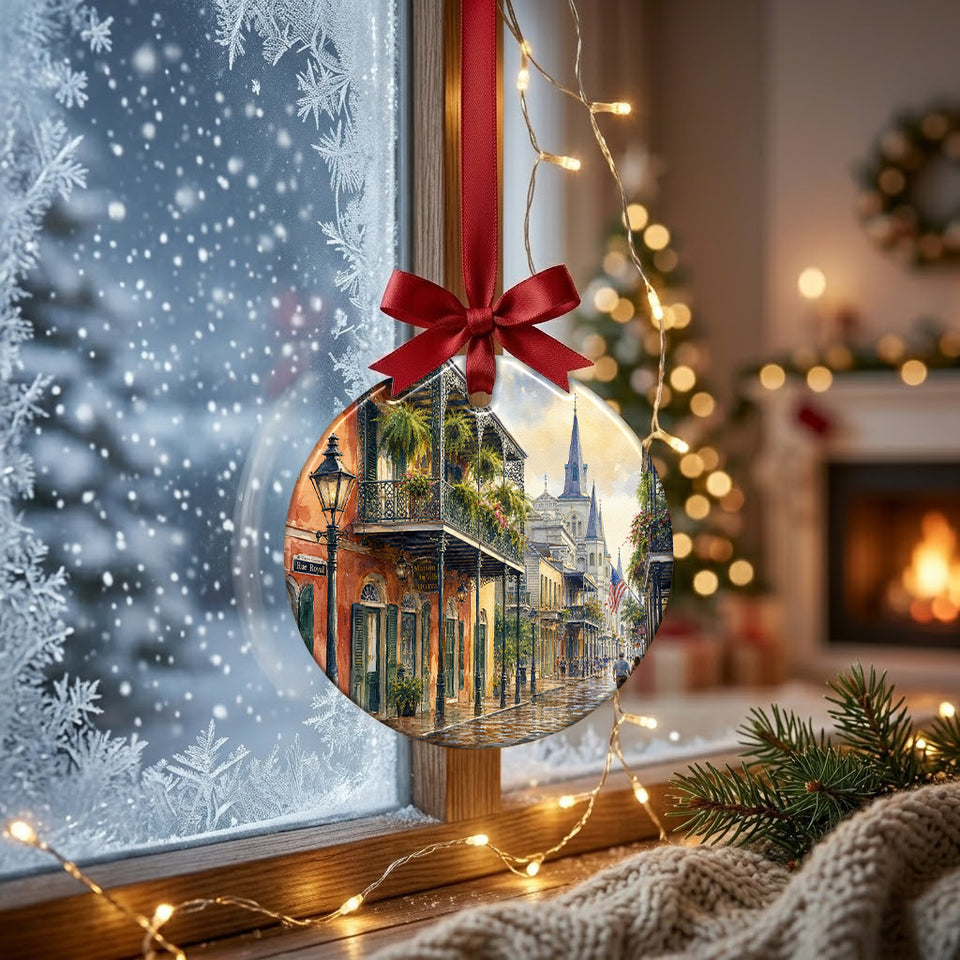 Louisiana landmark ornament suspended in front of a frosty winter window in soft daylight