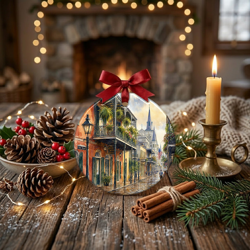 Round holiday keepsake styled on a rustic table display with natural pinecones and a candle