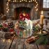 Round holiday keepsake styled on a rustic table display with natural pinecones and a candle
