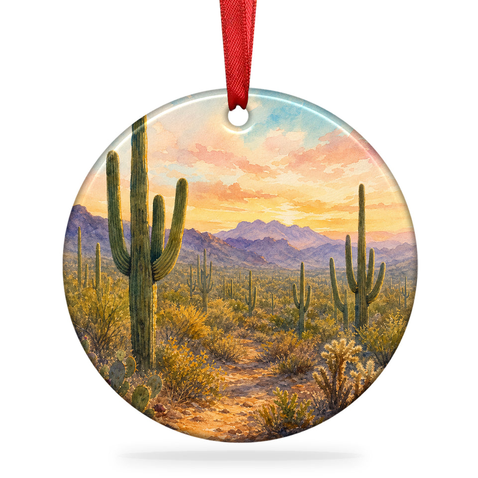 Saguaro National Park ceramic ornament shown on a plain white background with hanging ribbon.