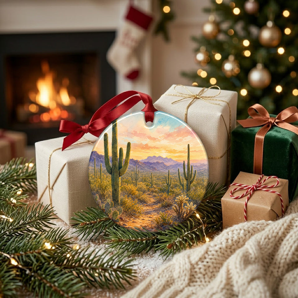 Round ceramic desert keepsake resting beside wrapped holiday gifts near a warm glowing fireplace.