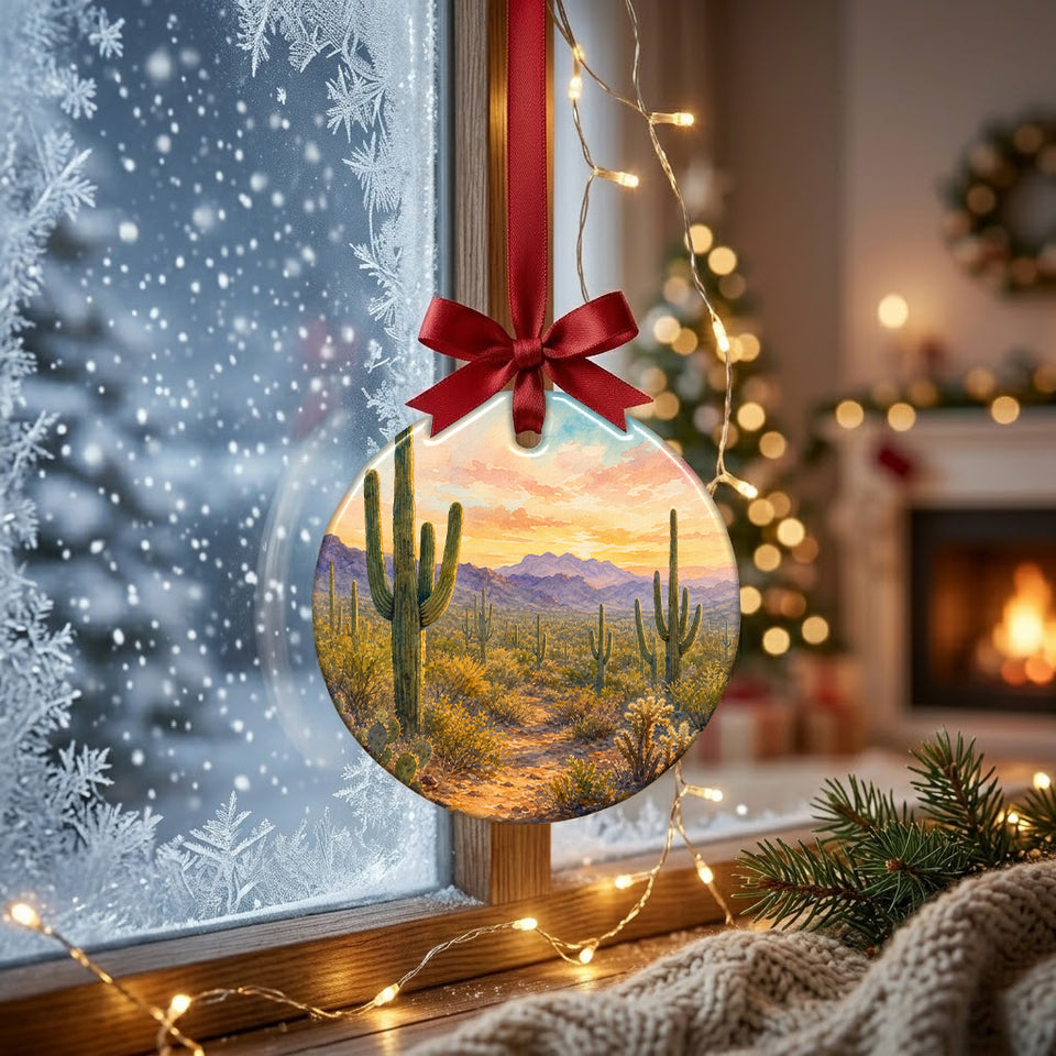 Desert sunset artwork ornament suspended in front of a frosty winter window in daytime light.