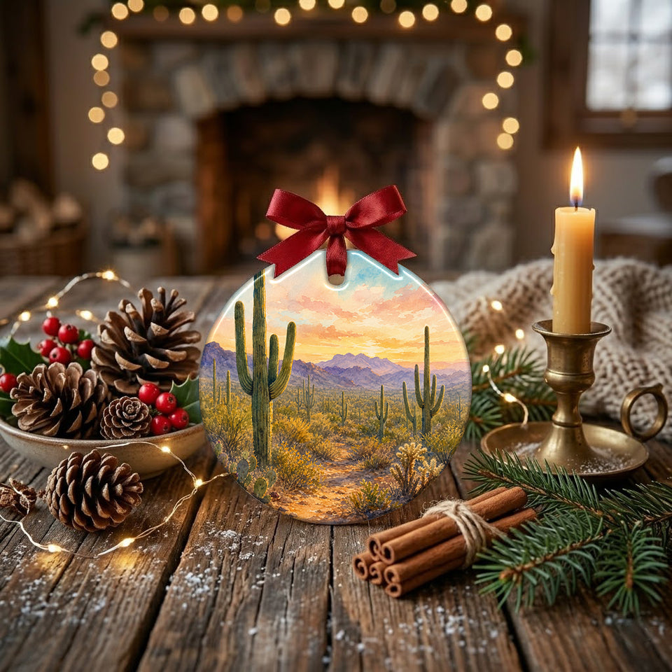 Festive holiday ornament placed on a rustic dining table next to natural pinecones and a candle.