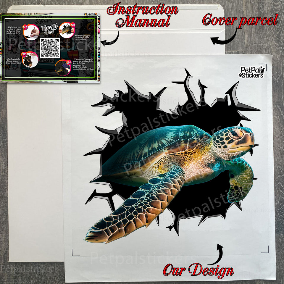 Protective unboxing package showing the Sea Turtle Vinyl decal with clear application instructions.