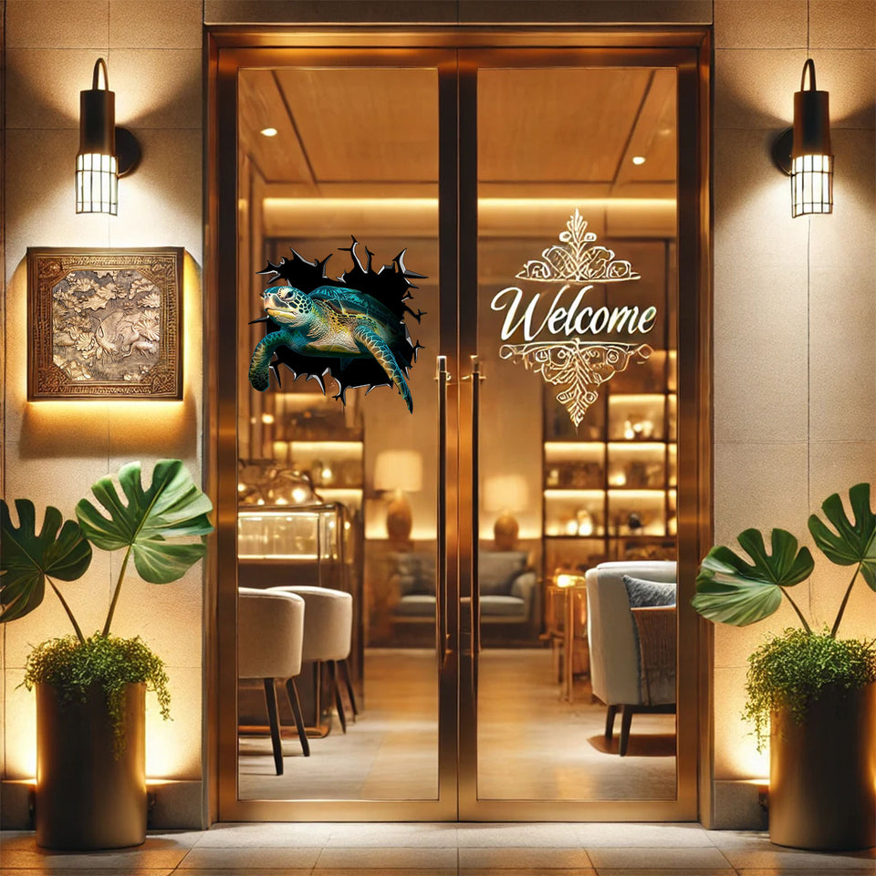 Charming Sea Turtles sticker applied smoothly onto the glass panel of an entryway door.