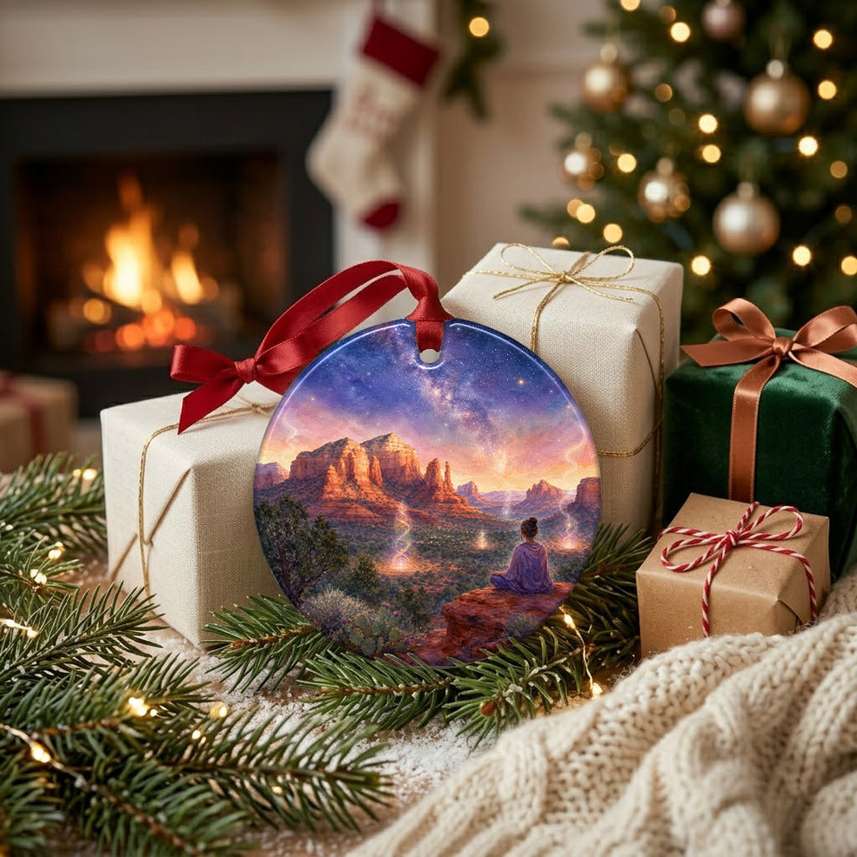 Ceramic Southwest ornament resting alongside wrapped holiday gifts near a warm fireplace.