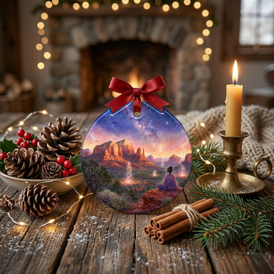 Desert keepsake displayed across a rustic table surrounded by evergreen sprigs and pinecones.
