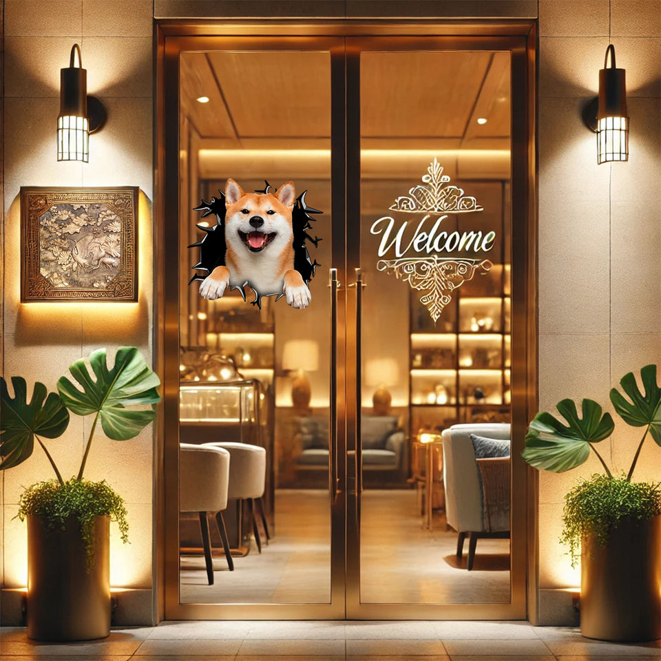 Eye-catching Shiba Inu dog graphic decal cleanly mounted on a smooth wooden bedroom door.