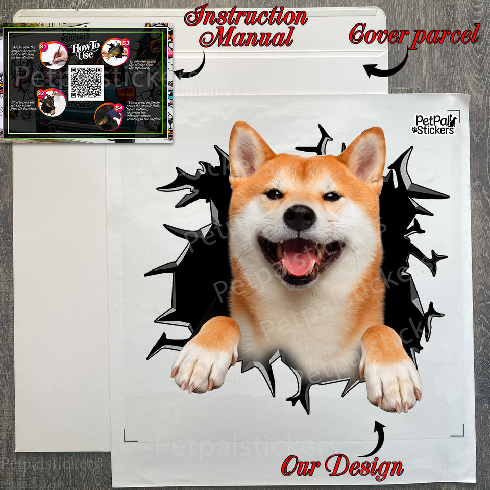 Protective decal package including an authentic Shiba Inu sticker with clear application instructions.