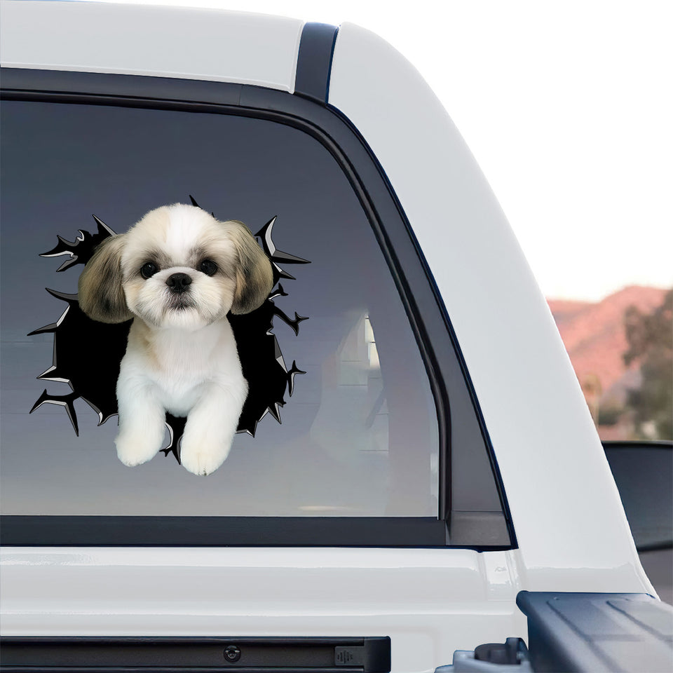 Charming Shih Tzu dog art decal displayed on the rear window of a pickup truck