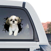 Charming Shih Tzu dog art decal displayed on the rear window of a pickup truck