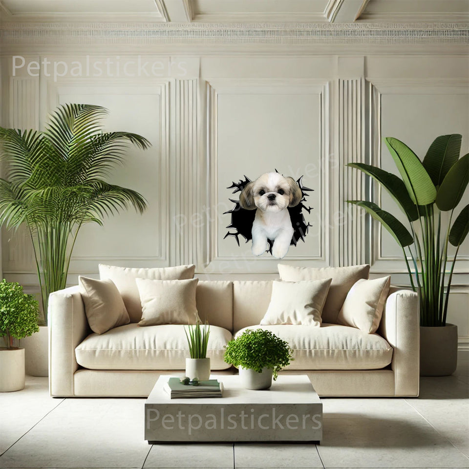 Playful Shih Tzu decal decorating an indoor painted wall with clean style