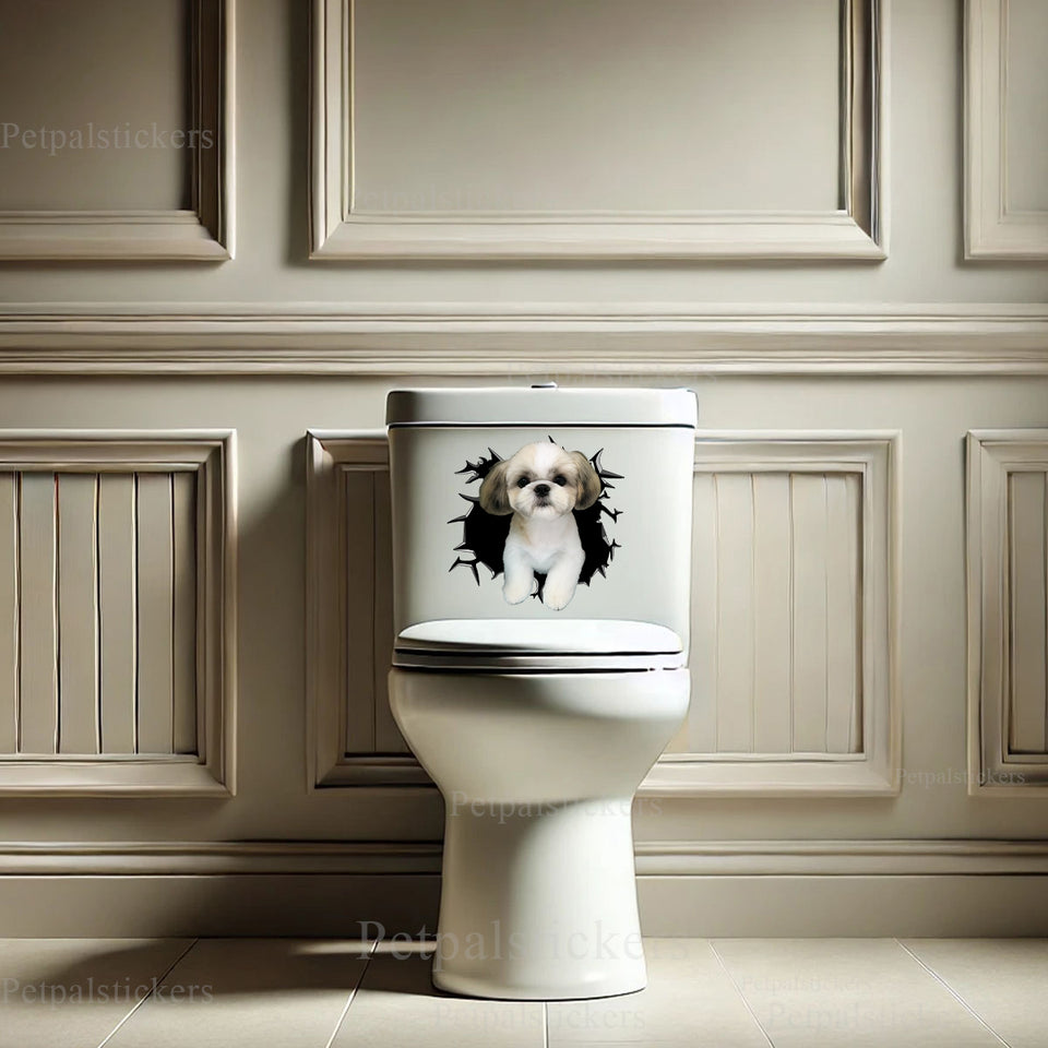 Humorous Shih Tzu vinyl decal applied to a smooth ceramic toilet tank lid