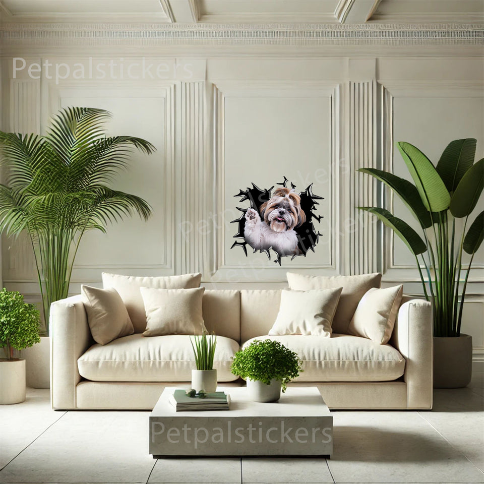 Playful Shih Tzu dog art sticker mounted as interior decor on a smooth bedroom wall.