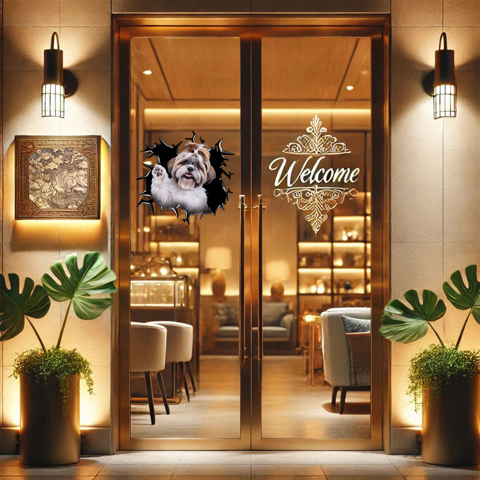Glossy Shih Tzu decal accenting the front entrance wooden door of a modern home.