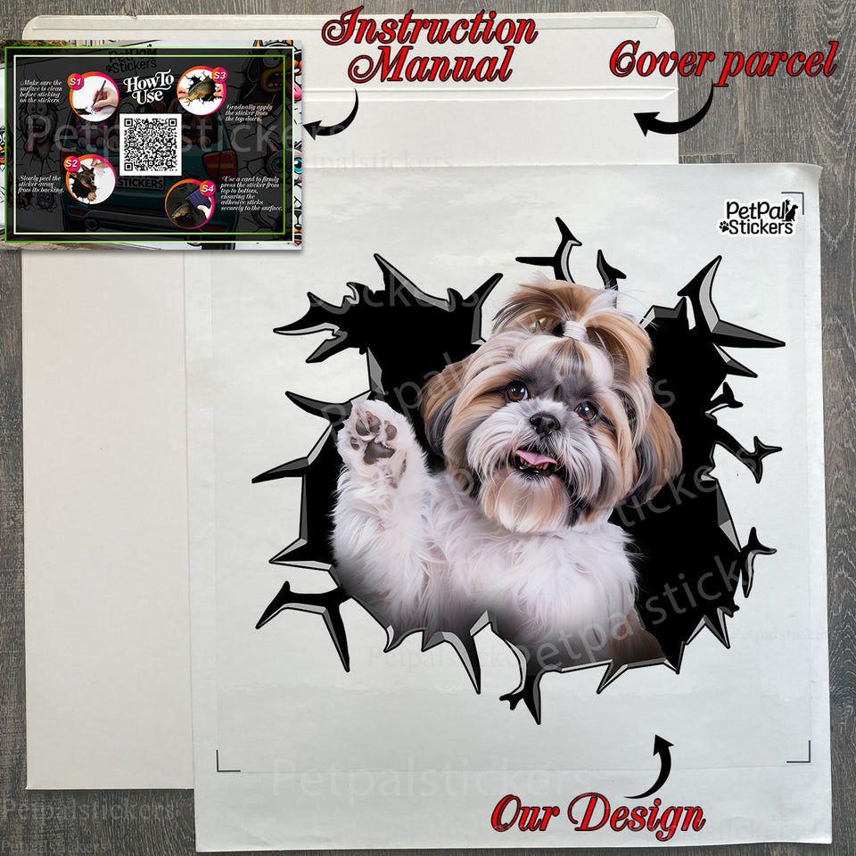 Protective retail package containing a Shih Tzu vinyl decal and application guide.