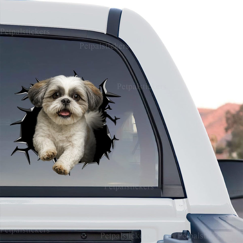 A vibrant Shihtzu graphic decal featuring cracked glass effect in a standalone product design.