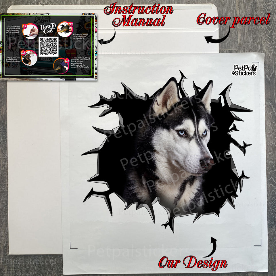 Protective packaging and application guide showing the Siberian Husky decal package.