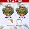 Ornament size chart graphic highlighting the 3-inch ceramic diameter and double-sided artwork.