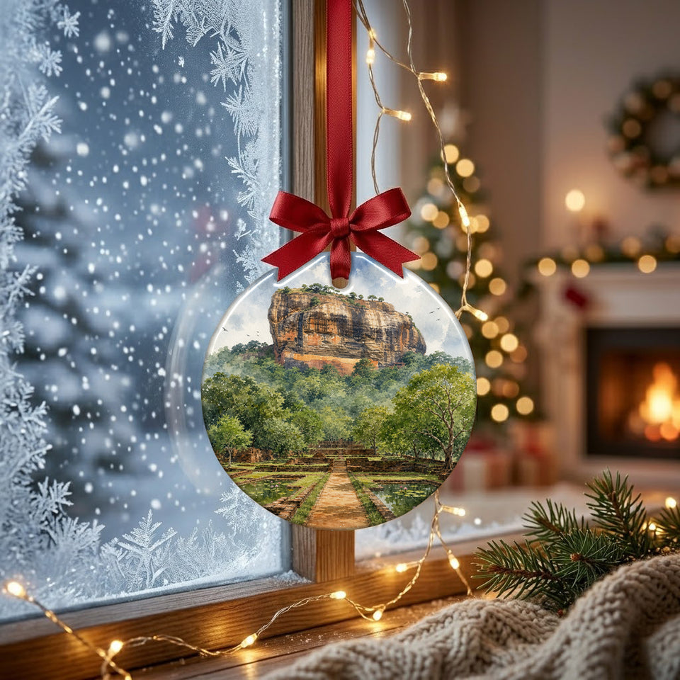 Ceramic holiday decoration with the rock fortress design displayed in a frosty winter window.