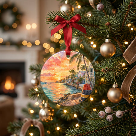 Festive Florida ornament styled on a rustic holiday table with decorative pinecones and a glowing candle.
