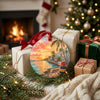 Tropical holiday ornament placed beside wrapped gifts and a warm glowing fireplace during Christmas.