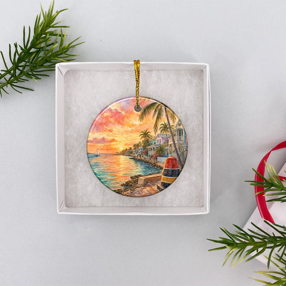 Coastal Florida ceramic keepsake resting neatly inside an opened white gift box ready for holiday gifting.