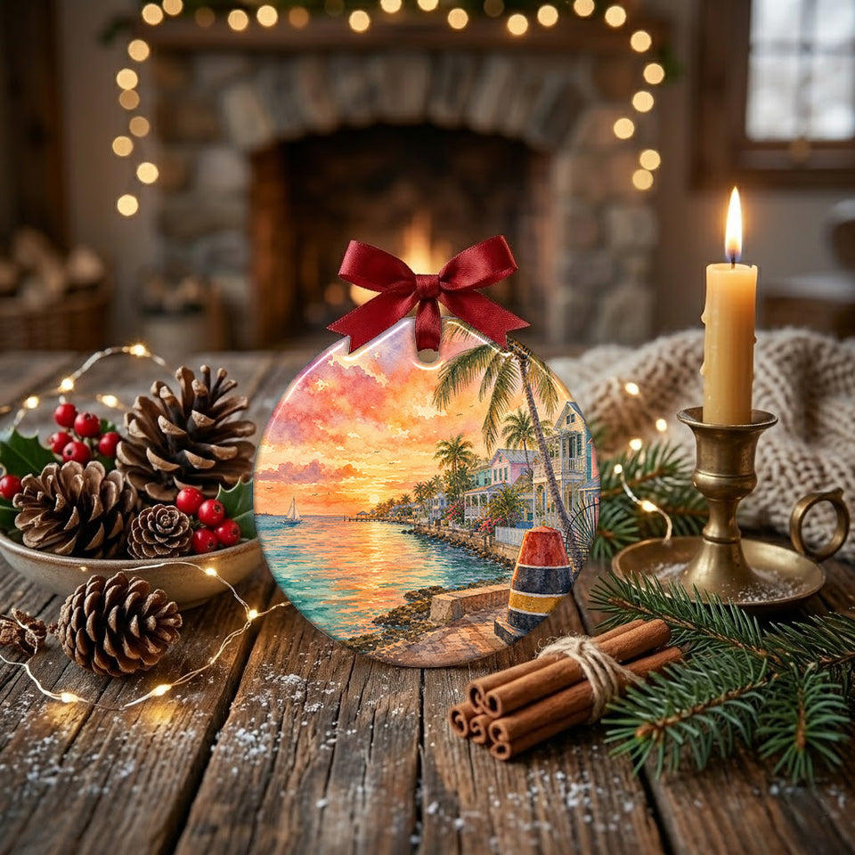 Festive Florida ornament styled on a rustic holiday table with decorative pinecones and a glowing candle.