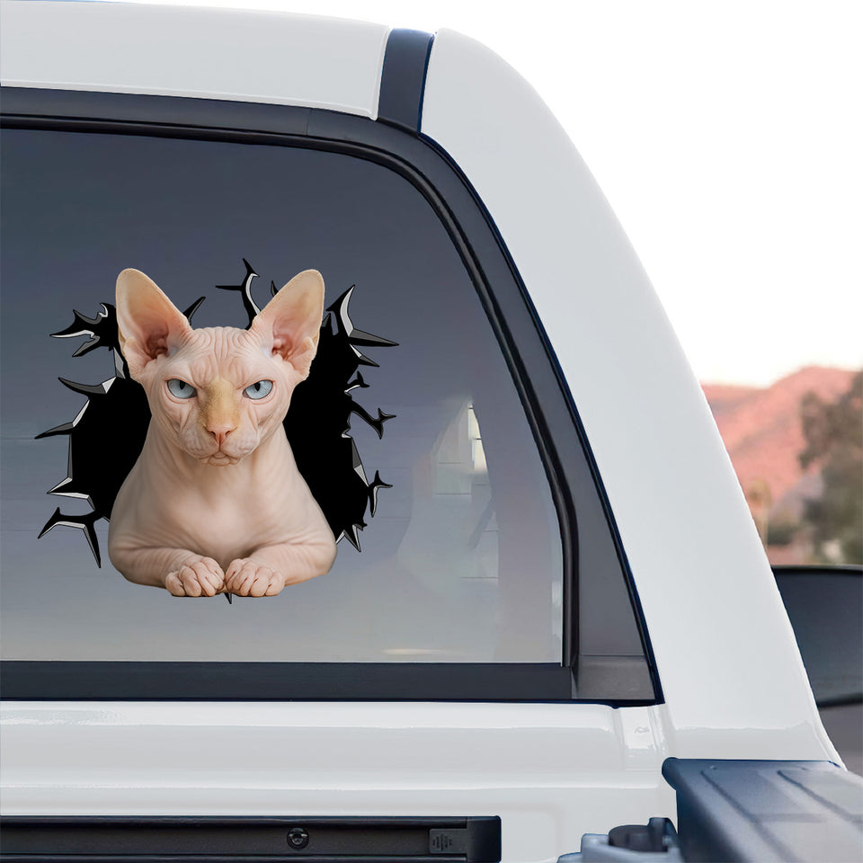 Glossy Sphynx Cat vinyl sticker applied to the rear window of a truck.