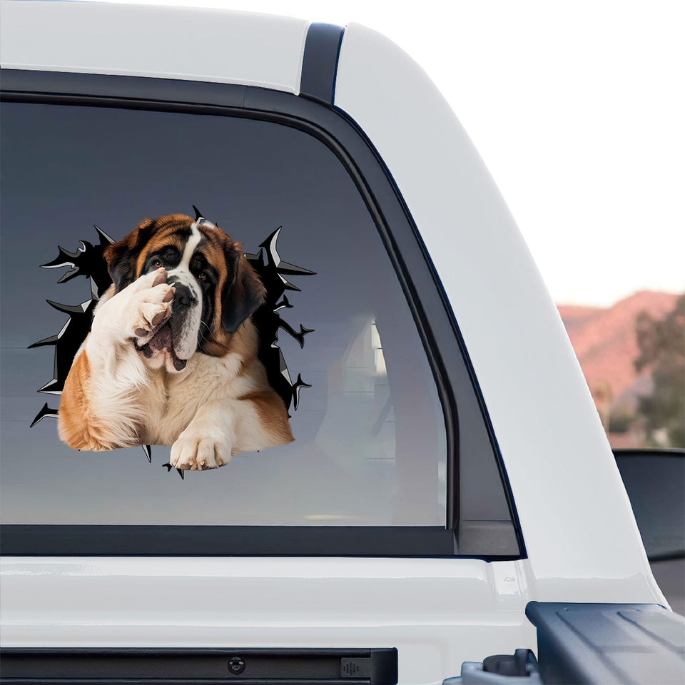 Large funny St. Bernard window sticker decorating the rear window of a truck.