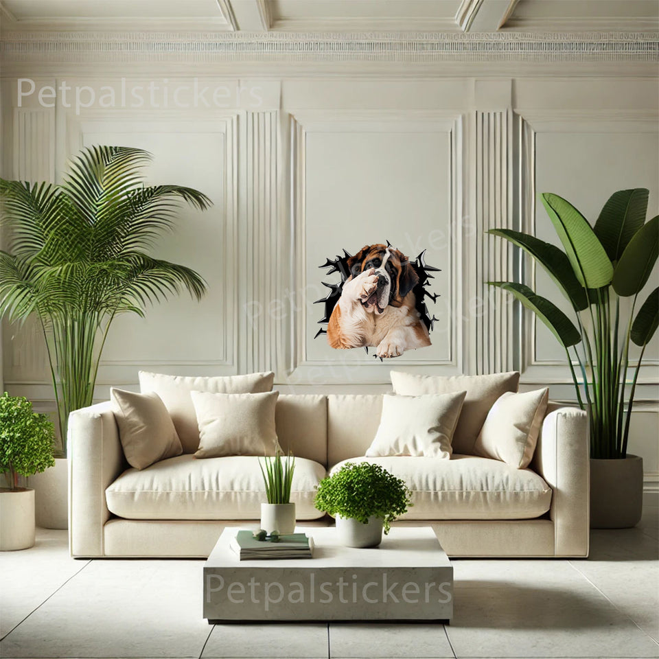Vibrant dog decal featuring a cheerful St. Bernard adhered to an indoor home wall.