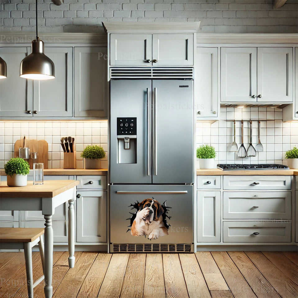 Glossy St. Bernard dog sticker brightening up the side of a modern refrigerator.