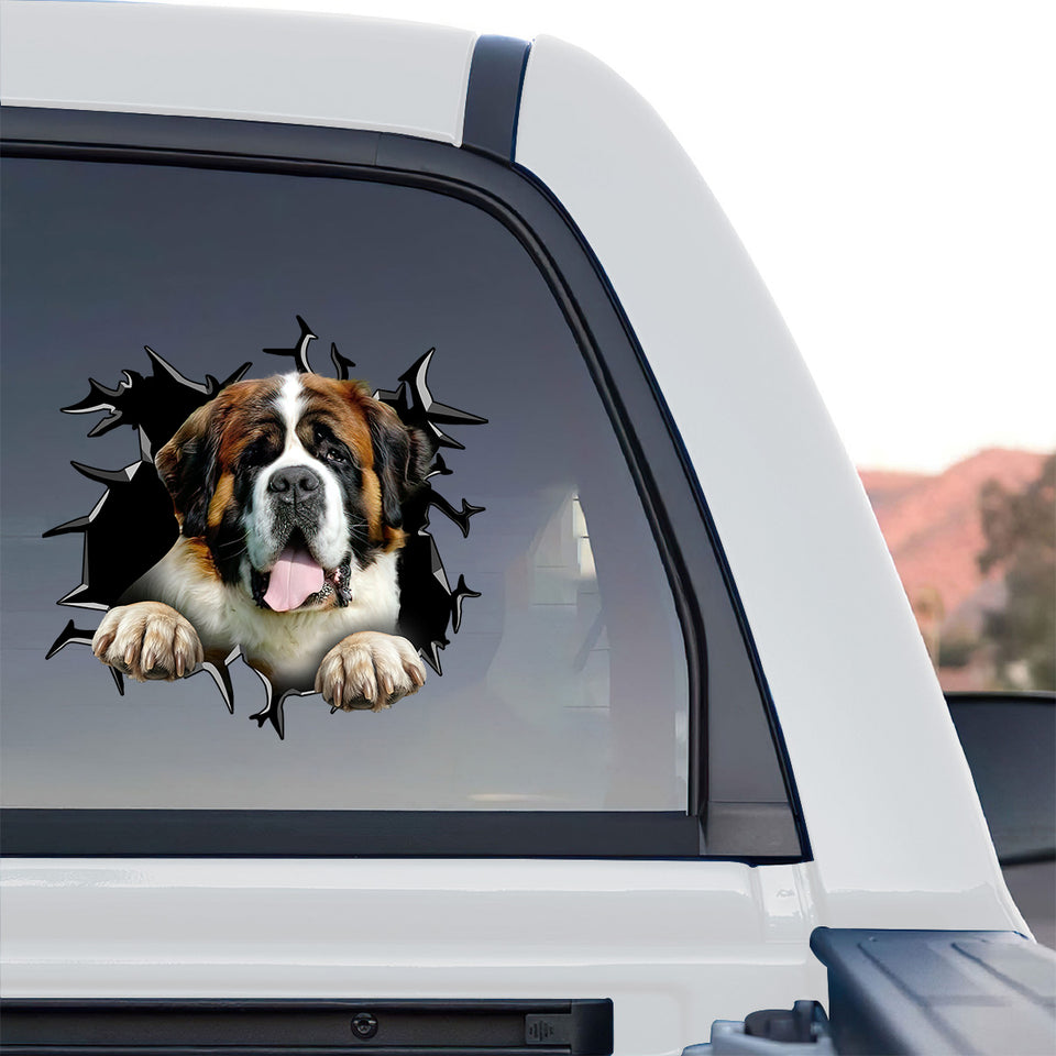 Large weatherproof dog decal mounted cleanly onto the rear window of a truck.