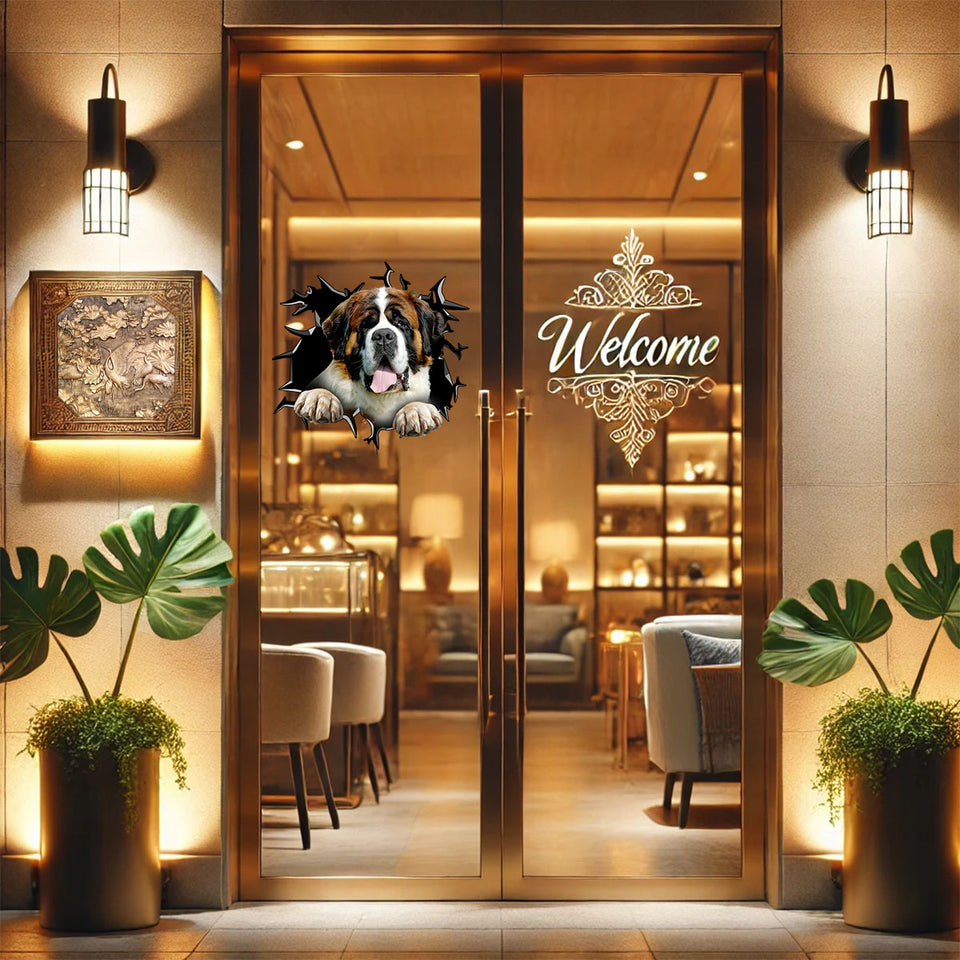 Transparent background dog decal decorating the glass pane of a home entrance door.