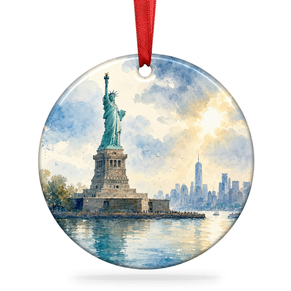 Front view of the Statue of Liberty ceramic ornament on a clean white background with ribbon.
