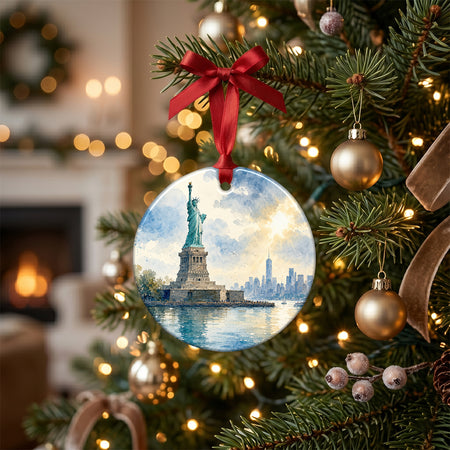 Holiday travel ornament displayed on a rustic tabletop beside winter pinecones and a candle.