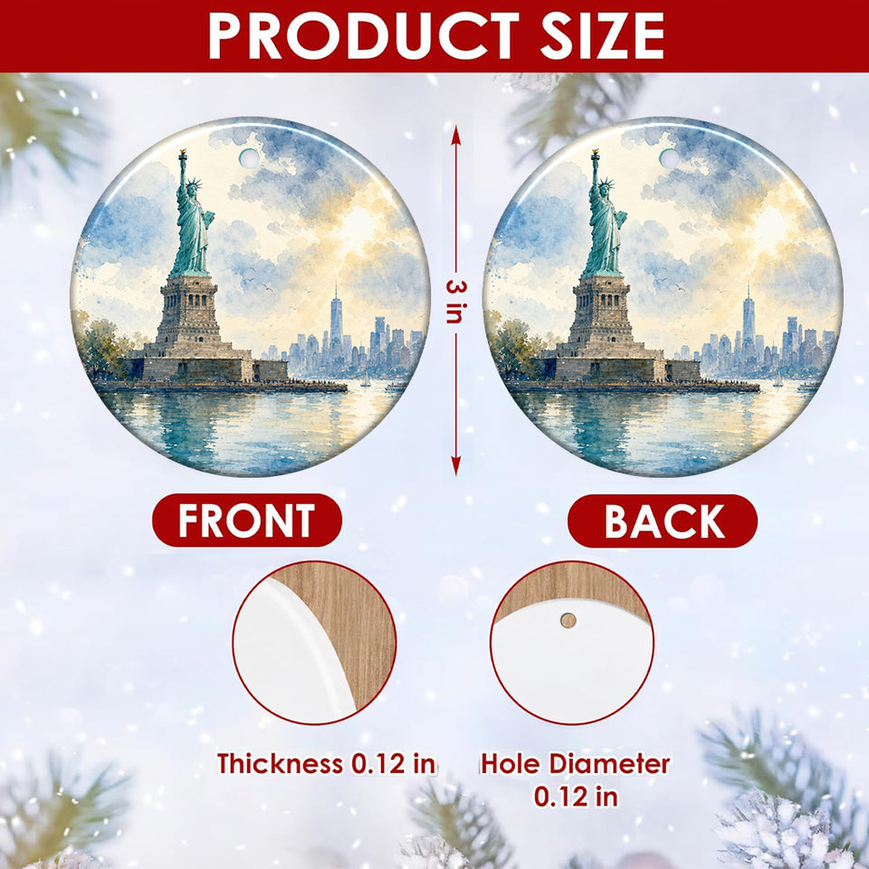Detailed size chart diagram displaying the 3-inch round ceramic dimensions and double-sided artwork.