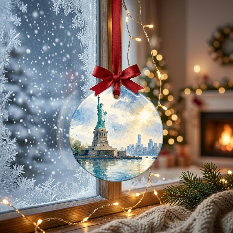 Festive NYC travel ornament hanging in front of a frosty window overlooking soft morning daylight.