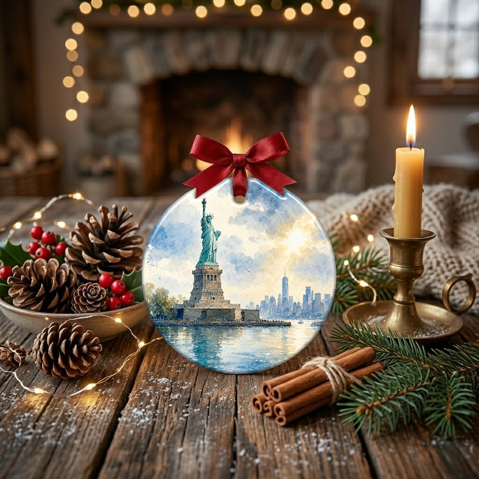Holiday travel ornament displayed on a rustic tabletop beside winter pinecones and a candle.