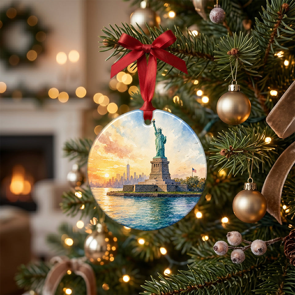 New York travel keepsake hanging on a glowing holiday tree branch during the season.