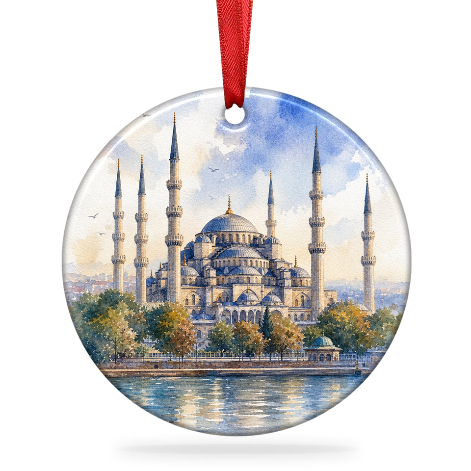 Sultan Ahmed Mosque ceramic ornament with detailed watercolor artwork shown on a clean white background.