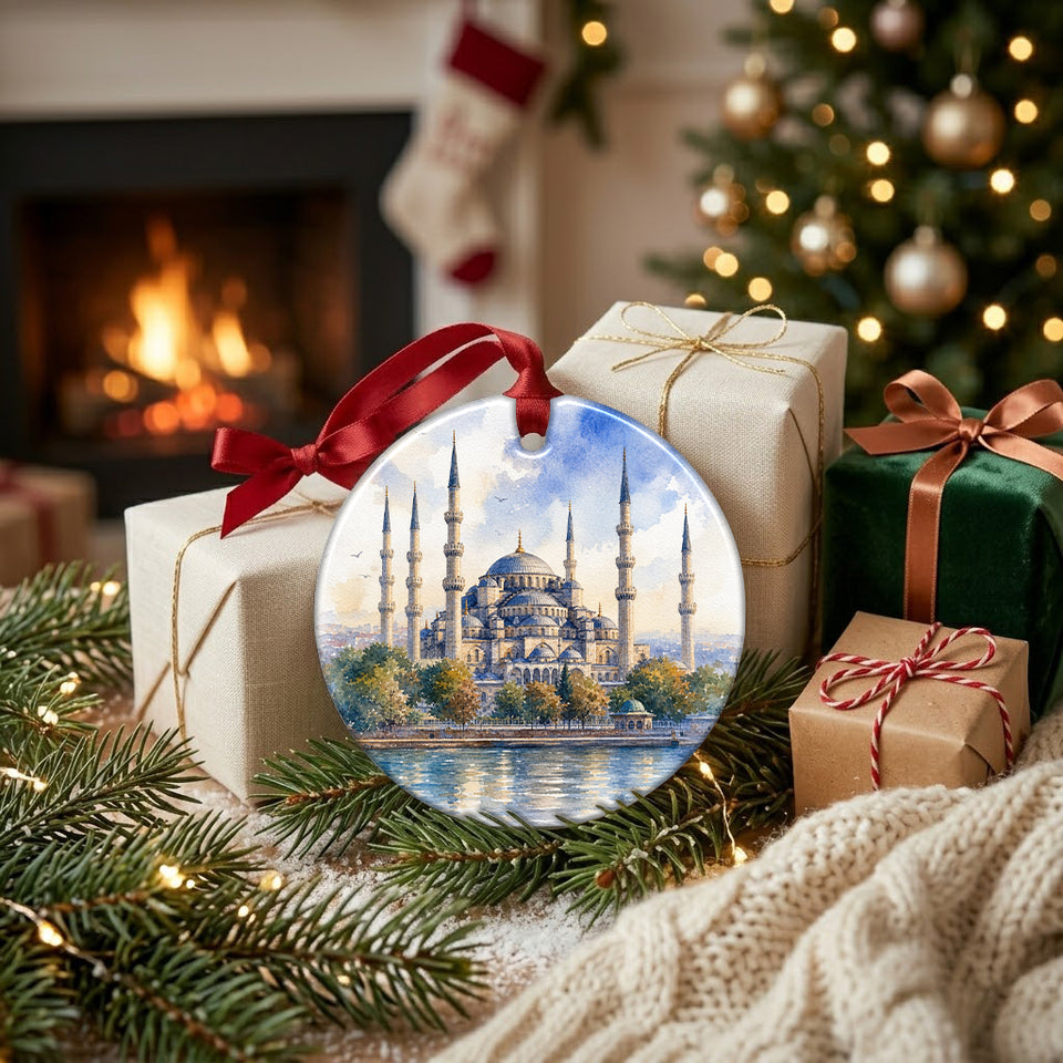 Ceramic Istanbul travel decoration resting near wrapped holiday gifts beside a cozy fireplace.