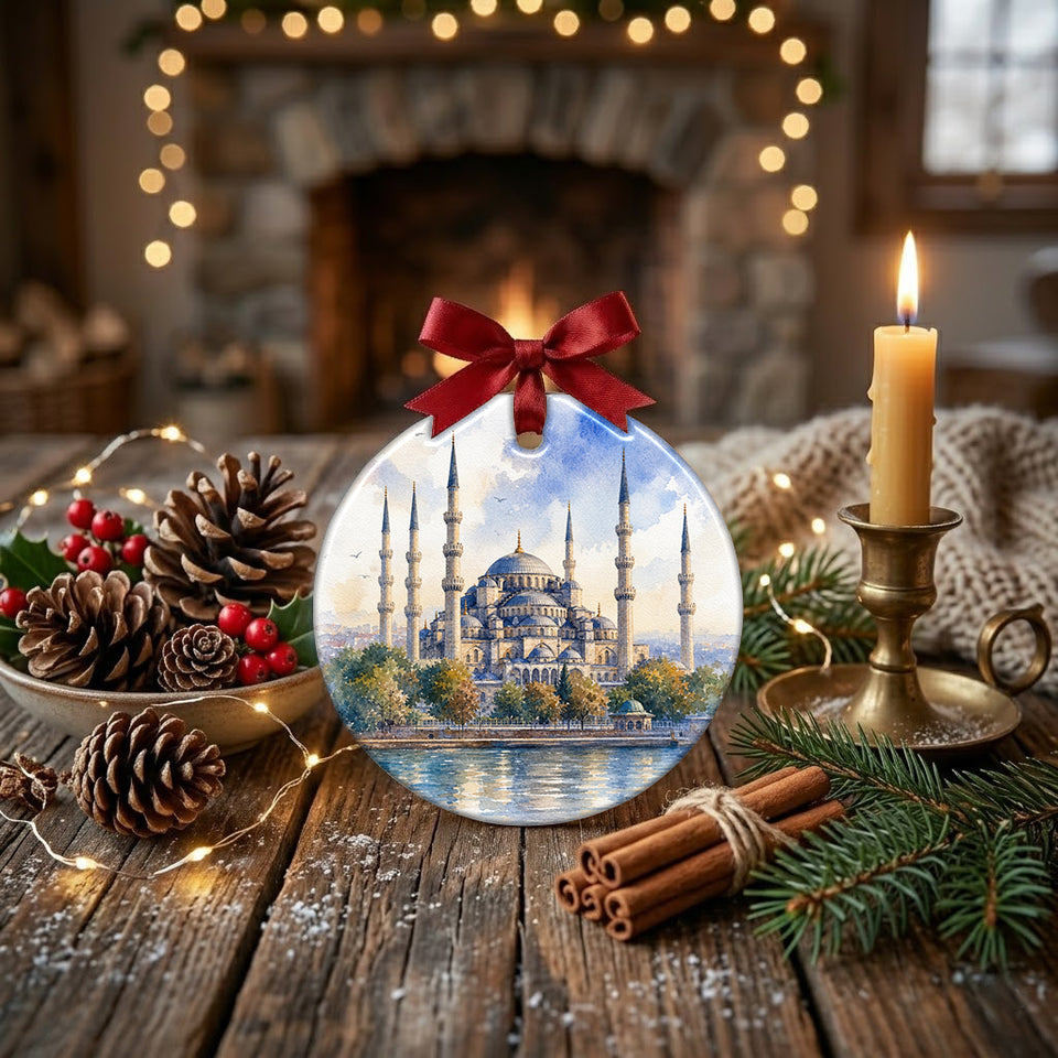 Detailed Istanbul artwork ornament arranged on a festive rustic table with pinecones and a candle.