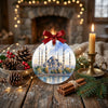 Detailed Istanbul artwork ornament arranged on a festive rustic table with pinecones and a candle.