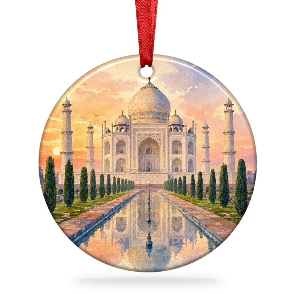 Taj Mahal ceramic ornament with hanging ribbon displayed on a clean white background.
