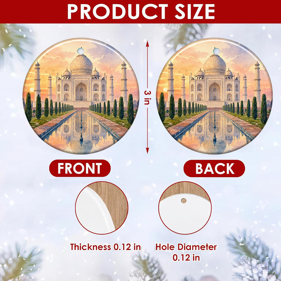 Product size chart showing the three inch round ceramic dimensions and double sided artwork.
