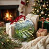 Tropical rice terrace holiday ornament arranged near wrapped festive gifts and a cozy hearth.