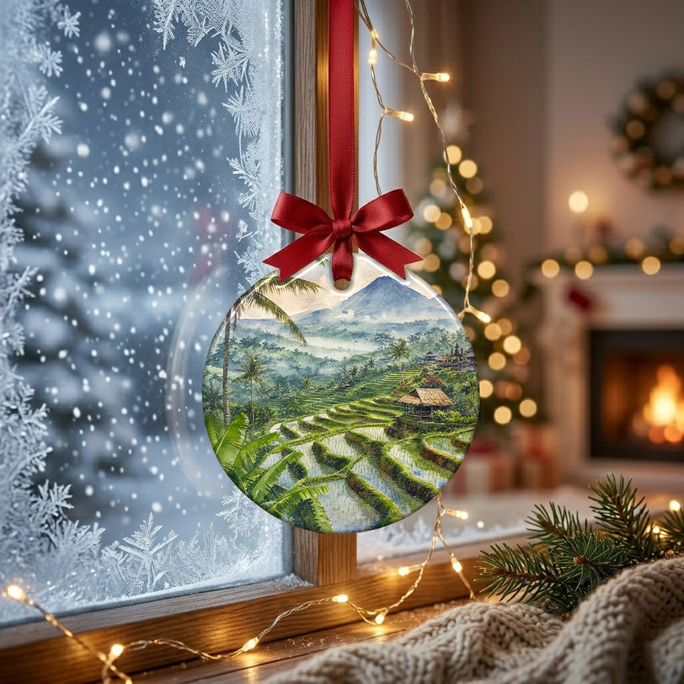 Lush Indonesian travel ornament catching soft daylight in front of a frosty winter window.