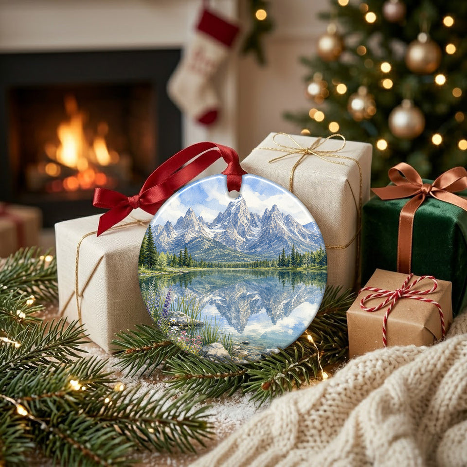 Wyoming mountain keepsake ornament resting near holiday gifts beside a warm, glowing fireplace