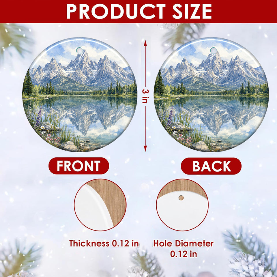 Product size chart displaying the 3-inch round dimensions and double-sided mountain print